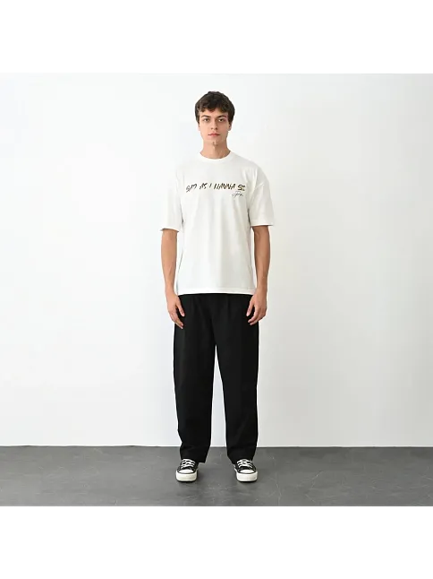 Unisex Bisiklet Yaka Baskılı Oversize T-shirt - Beyaz