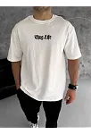 Unisex Bisiklet Yaka Baskılı Oversize T-shirt - Beyaz