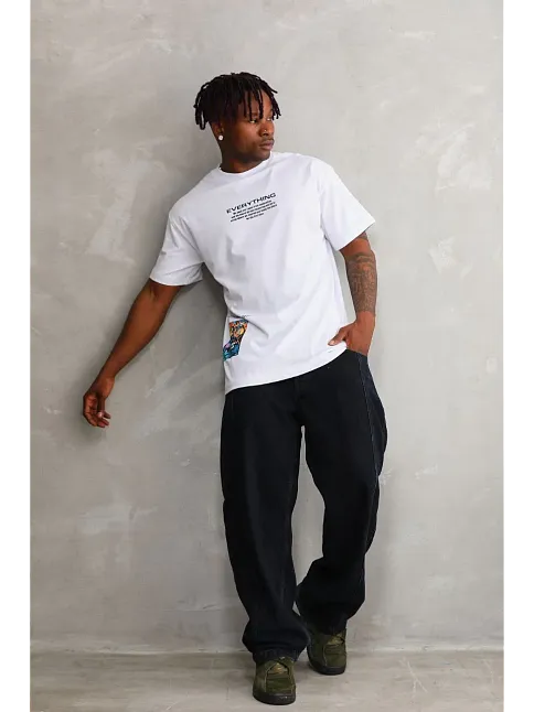 Unisex Bisiklet Yaka Baskılı Oversize T-shirt - Beyaz