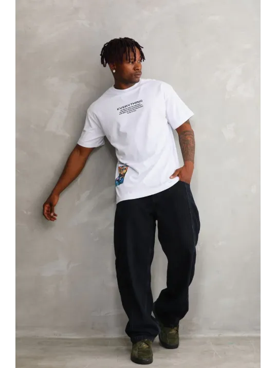 Unisex Bisiklet Yaka Baskılı Oversize T-Shirt - Beyaz Unisex Bisiklet Yaka Baskılı Oversize T-Shirt - Beyaz