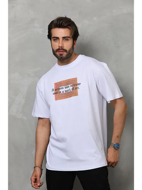 Unisex Bisiklet Yaka Baskılı Oversize T-shirt - Beyaz