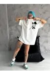 Unisex Bisiklet Yaka Baskılı Oversize T-shirt - Beyaz