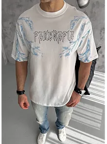 Unisex Bisiklet Yaka Baskılı Oversize T-shirt - Beyaz
