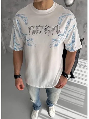 Unisex Bisiklet Yaka Baskılı Oversize T-shirt - Beyaz