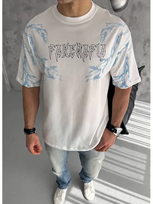 Unisex Bisiklet Yaka Baskılı Oversize T-shirt - Beyaz