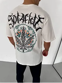 Unisex Bisiklet Yaka Baskılı Oversize T-shirt - Beyaz