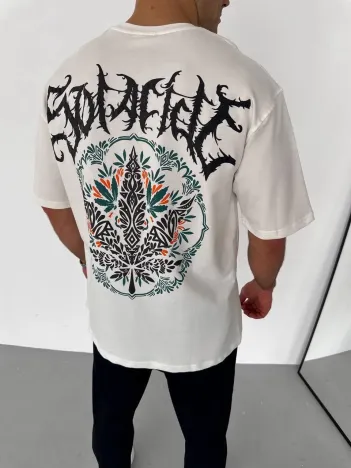 Unisex Bisiklet Yaka Baskılı Oversize T-Shirt - Beyaz Unisex Bisiklet Yaka Baskılı Oversize T-Shirt - Beyaz