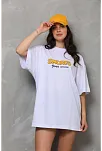 Unisex Bisiklet Yaka Baskılı Oversize T-shirt - Beyaz
