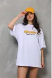 Unisex Bisiklet Yaka Baskılı Oversize T-shirt - Beyaz
