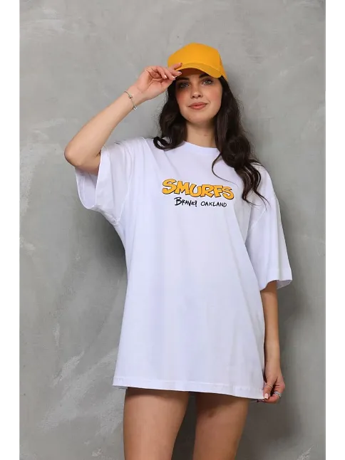 Unisex Bisiklet Yaka Baskılı Oversize T-shirt - Beyaz