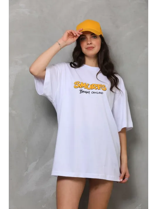 Unisex Bisiklet Yaka Baskılı Oversize T-Shirt - Beyaz