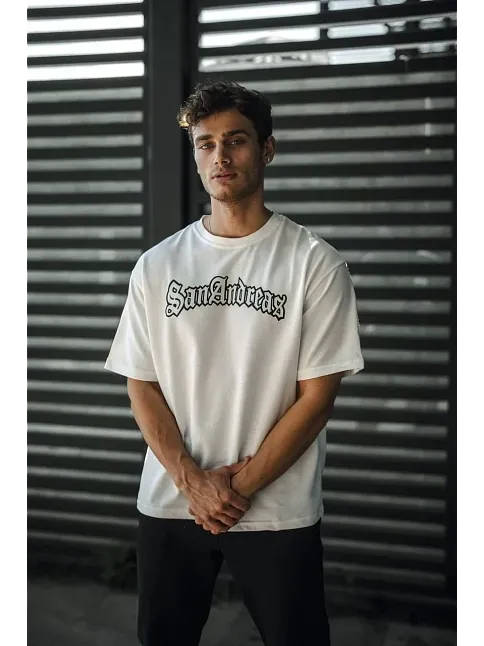 Unisex Bisiklet Yaka Baskılı Oversize T-shirt - Beyaz