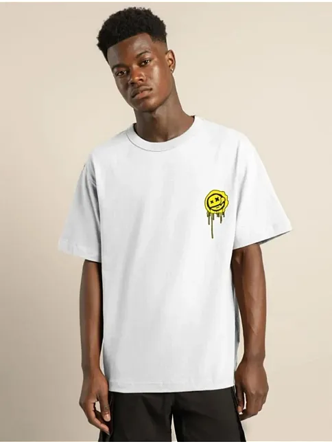 Unisex Bisiklet Yaka Baskılı Oversize T-shirt - Beyaz