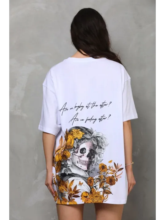 Unisex Bisiklet Yaka Baskılı Oversize T-shirt - Beyaz