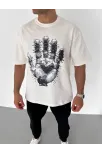 Unisex Bisiklet Yaka Baskılı Oversize T-shirt - Beyaz
