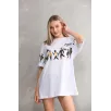 Unisex Bisiklet Yaka Baskılı Oversize T-Shirt - Beyaz