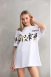 Unisex Bisiklet Yaka Baskılı Oversize T-shirt - Beyaz
