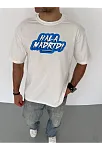 Unisex Bisiklet Yaka Baskılı Oversize T-shirt - Beyaz
