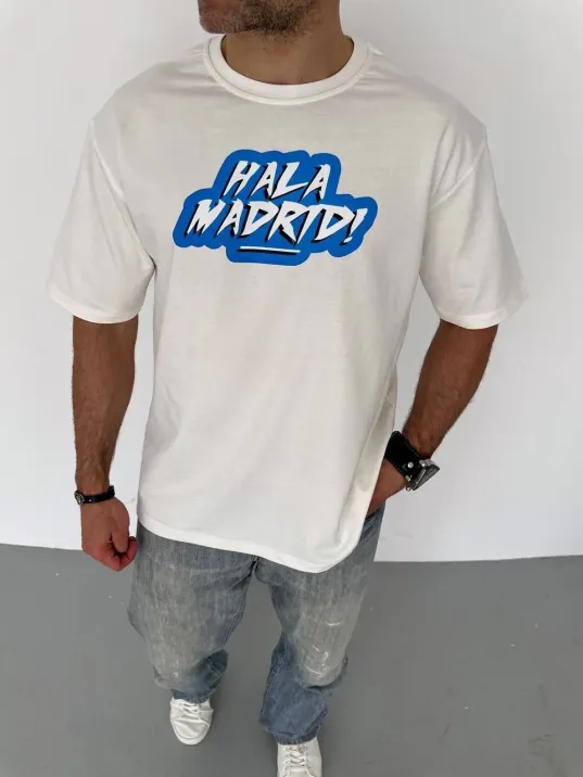 Unisex Bisiklet Yaka Baskılı Oversize T-Shirt - Beyaz Unisex Bisiklet Yaka Baskılı Oversize T-Shirt - Beyaz