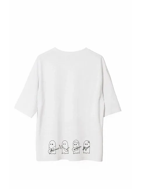 Unisex Bisiklet Yaka Baskılı Oversize T-shirt - Beyaz