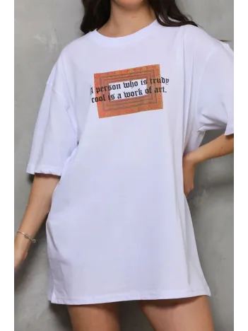 Unisex Bisiklet Yaka Baskılı Oversize T-Shirt - Beyaz Unisex Bisiklet Yaka Baskılı Oversize T-Shirt - Beyaz