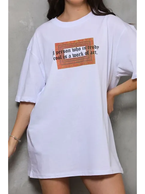 Unisex Bisiklet Yaka Baskılı Oversize T-shirt - Beyaz