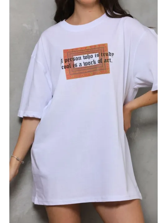 Unisex Bisiklet Yaka Baskılı Oversize T-Shirt - Beyaz