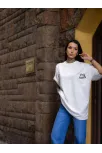 Unisex Bisiklet Yaka Baskılı Oversize T-shirt - Beyaz
