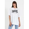 Unisex Bisiklet Yaka Baskılı Oversize T-Shirt - Beyaz