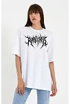 Unisex Bisiklet Yaka Baskılı Oversize T-shirt - Beyaz