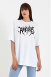 Unisex Bisiklet Yaka Baskılı Oversize T-shirt - Beyaz