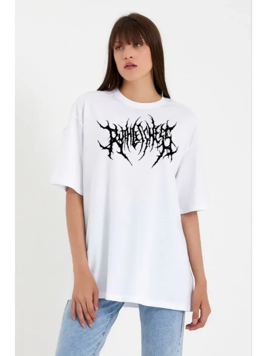Unisex Bisiklet Yaka Baskılı Oversize T-Shirt - Beyaz Unisex Bisiklet Yaka Baskılı Oversize T-Shirt - Beyaz