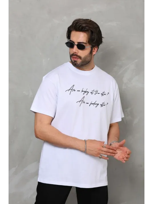 Unisex Bisiklet Yaka Baskılı Oversize T-shirt - Beyaz