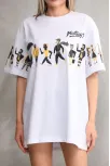 Unisex Bisiklet Yaka Baskılı Oversize T-shirt - Beyaz