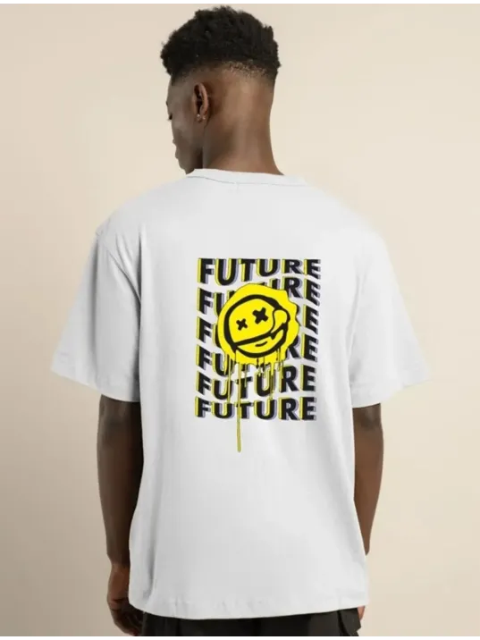 Unisex Bisiklet Yaka Baskılı Oversize T-Shirt - Beyaz