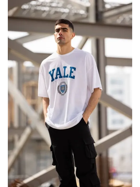 Unisex Bisiklet Yaka Baskılı Oversize T-Shirt - Beyaz Unisex Bisiklet Yaka Baskılı Oversize T-Shirt - Beyaz