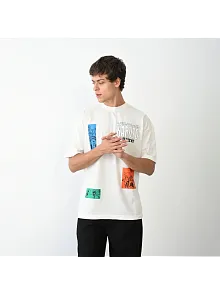 Unisex Bisiklet Yaka Baskılı Oversize T-shirt - Beyaz
