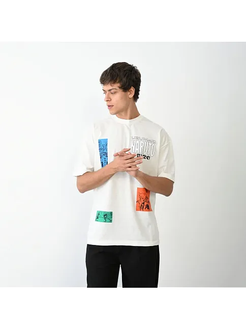 Unisex Bisiklet Yaka Baskılı Oversize T-shirt - Beyaz