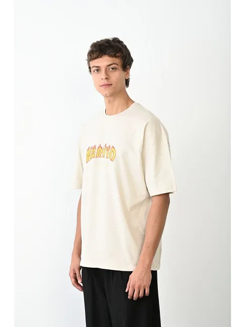 Unisex Bisiklet Yaka Baskılı Oversize T-shirt - Beyaz