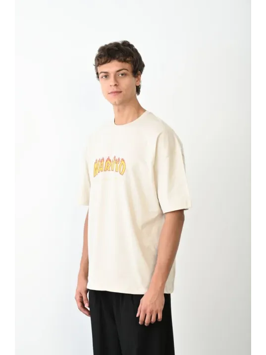 Unisex Bisiklet Yaka Baskılı Oversize T-shirt - Beyaz