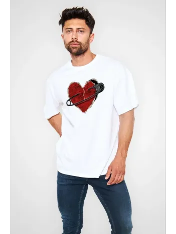 Unisex Bisiklet Yaka Baskılı Oversize T-Shirt - Beyaz Unisex Bisiklet Yaka Baskılı Oversize T-Shirt - Beyaz
