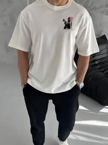 Unisex Bisiklet Yaka Baskılı Oversize T-Shirt - Beyaz Unisex Bisiklet Yaka Baskılı Oversize T-Shirt - Beyaz