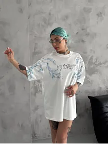 Unisex Bisiklet Yaka Baskılı Oversize T-shirt - Beyaz