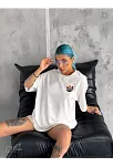 Unisex Bisiklet Yaka Baskılı Oversize T-shirt - Beyaz