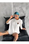 Unisex Bisiklet Yaka Baskılı Oversize T-shirt - Beyaz