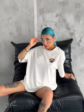 Unisex Bisiklet Yaka Baskılı Oversize T-Shirt - Beyaz Unisex Bisiklet Yaka Baskılı Oversize T-Shirt - Beyaz