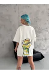 Unisex Bisiklet Yaka Baskılı Oversize T-shirt - Beyaz
