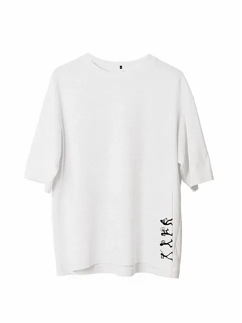 Unisex Bisiklet Yaka Baskılı Oversize T-shirt - Beyaz