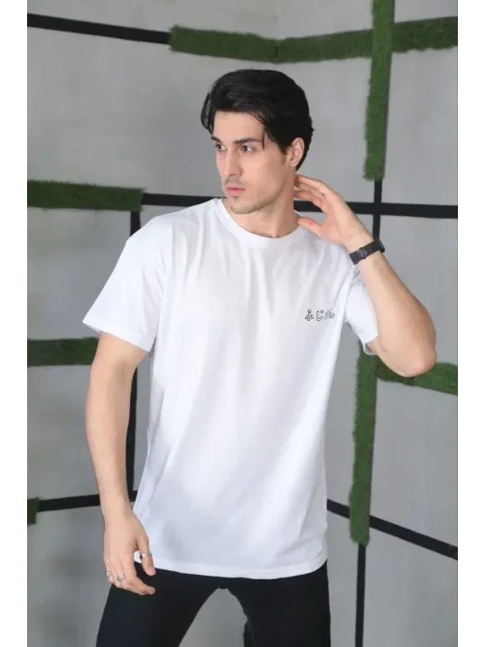 Unisex Bisiklet Yaka Baskılı Oversize T-Shirt - Beyaz Unisex Bisiklet Yaka Baskılı Oversize T-Shirt - Beyaz