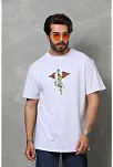 Unisex Bisiklet Yaka Baskılı Oversize T-shirt - Beyaz